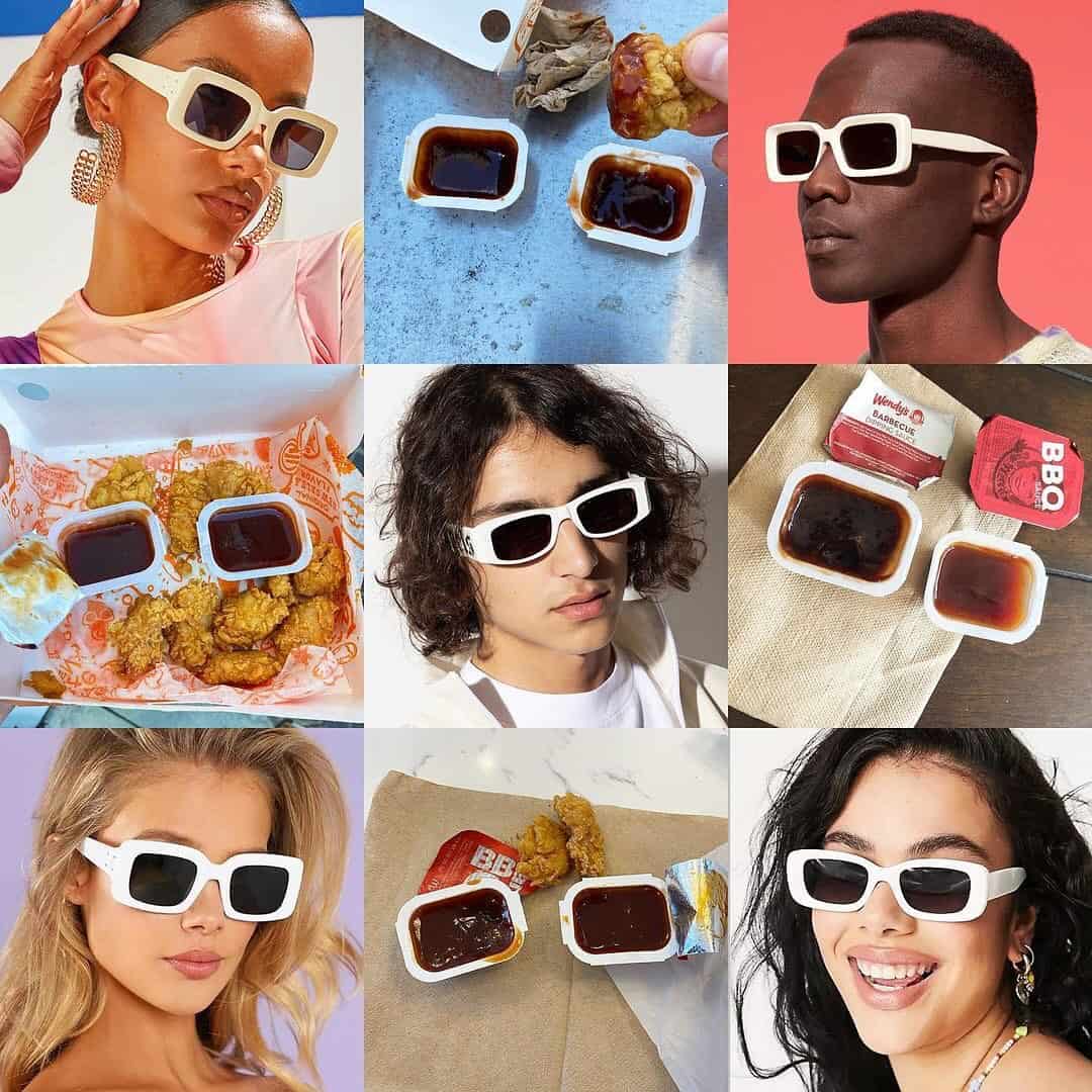 People wearing thick white rectangular sunglasses compared to BBQ dipping sauce containers in a lookalike meme.
