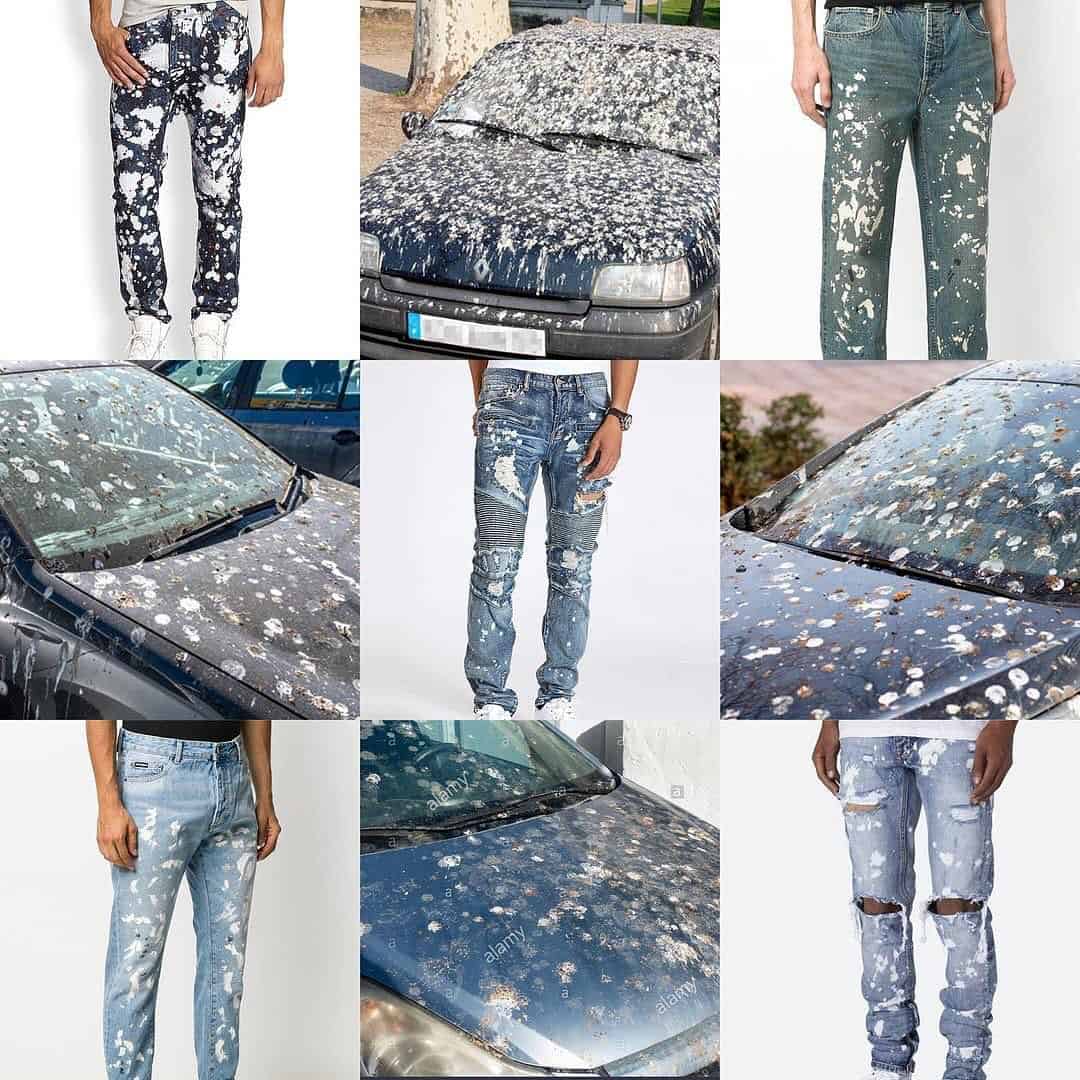 Men wearing paint-splatter jeans look just like cars covered in bird droppings in this lookalike meme.