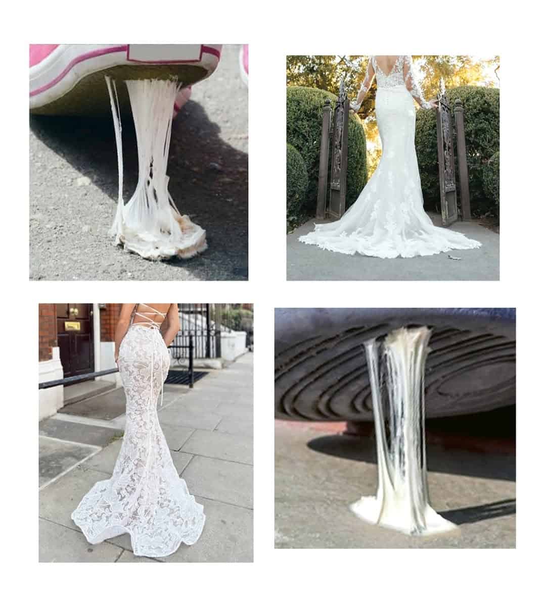 Lacy mermaid-style wedding dresses with long trains compared to gum stuck on the bottom of a shoe.