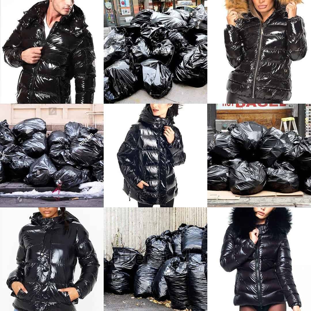 People wearing shiny black puffer jackets look identical to full black trash bags in a lookalike meme.