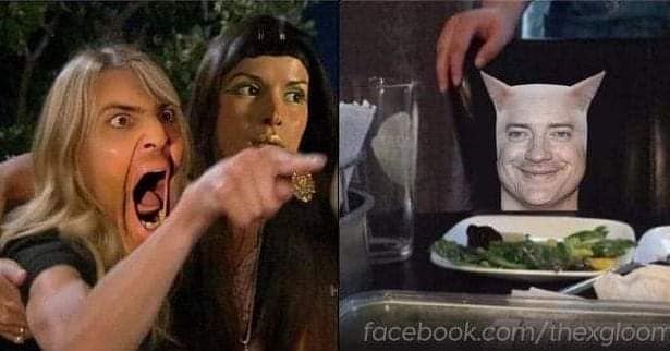 A hilarious Mummy movie meme using the "woman yelling at cat" format with Anck-su-namun and Brendan Fraser.