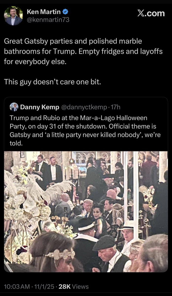 A viral tweet and photo from the Trump Gatsby party at Mar-a-Lago, criticizing the event.