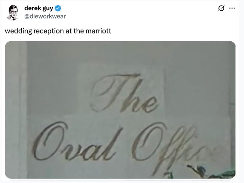 A Trump Oval Office sign meme and viral tweet comparing the new gold oval office sign to a "wedding reception at the Marriott."
