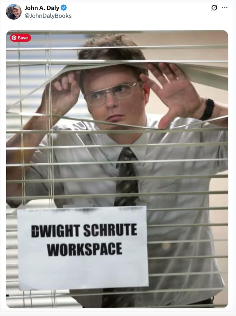 A Trump Oval Office sign meme comparing the new White House sign to Dwight Schrute's "Workspace" sign in The Office.