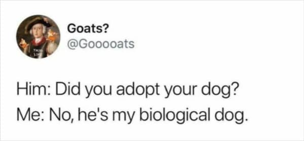 Animal meme sarcastic response claiming a pet is a biological child