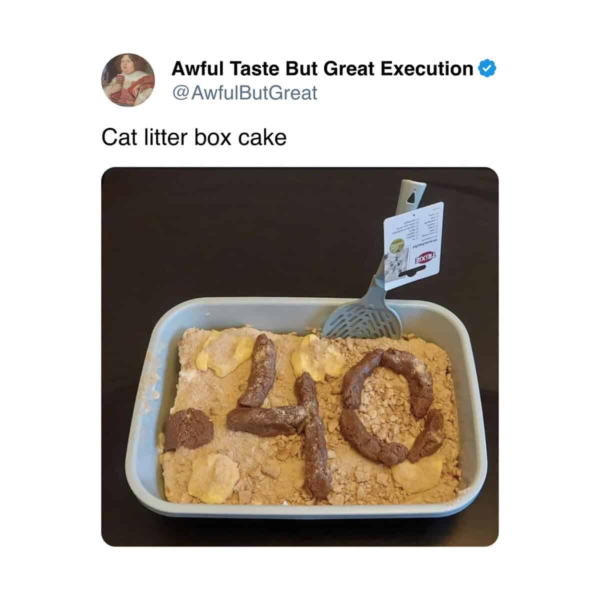 Realistic cake designed to look like a dirty cat litter box with edible poop.