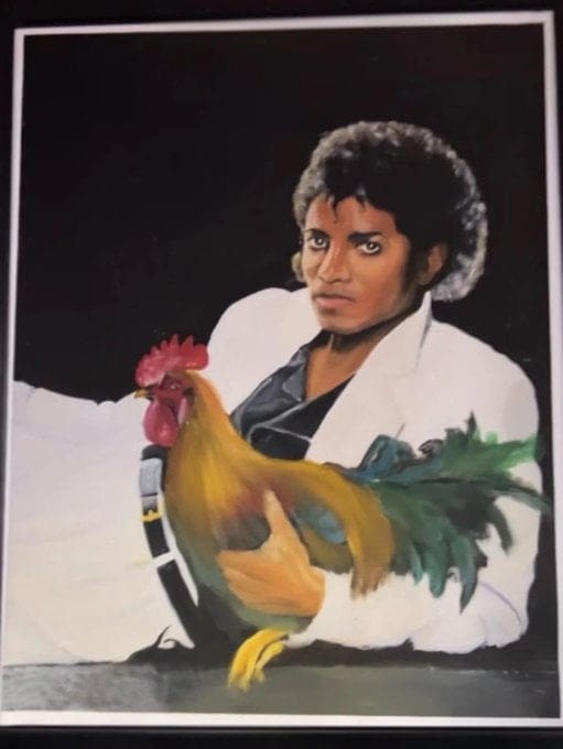 Painting of Michael Jackson wearing a white suit holding a large rooster.