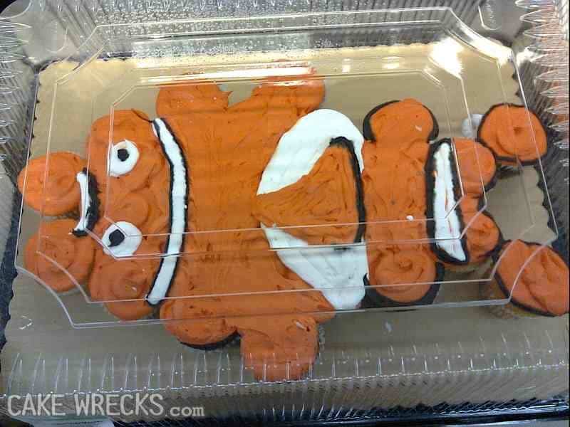 A "Finding Nemo" pull-apart cupcake cake that is a misshapen, sloppy, and hilarious baking fail.
