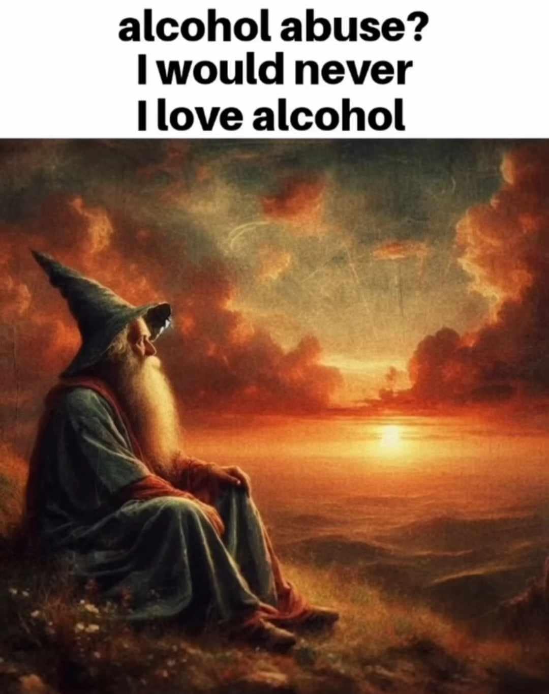 A classic meme of a pensive wizard with the pun "alcohol abuse? I would never I love alcohol."