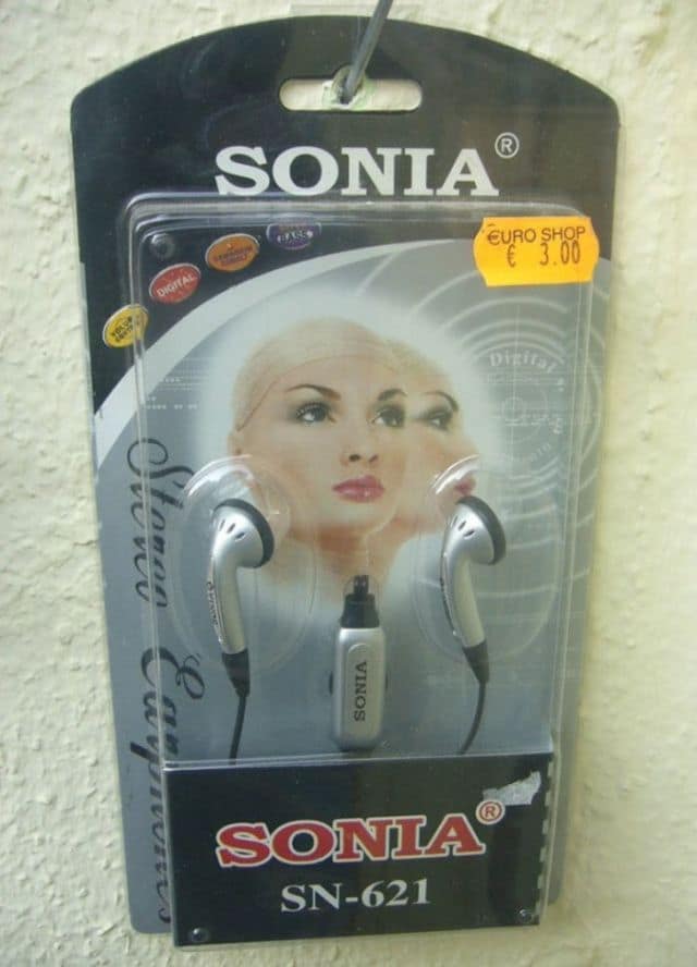 A classic meme of a funny knock-off brand of Sony earbuds, called "SONIA."