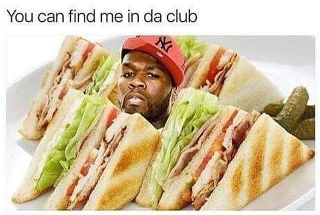 A classic meme and visual pun of 50 Cent's face in "da club" (a plate of club sandwiches).