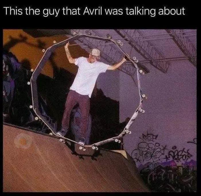 A classic meme of Tony Hawk in a circular skateboard, a pun on the "skater boy" song.