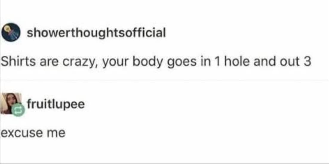 A classic meme from a viral tweet where a showerthought about shirts having "1 hole in and 3 holes out" gets a confused reply.