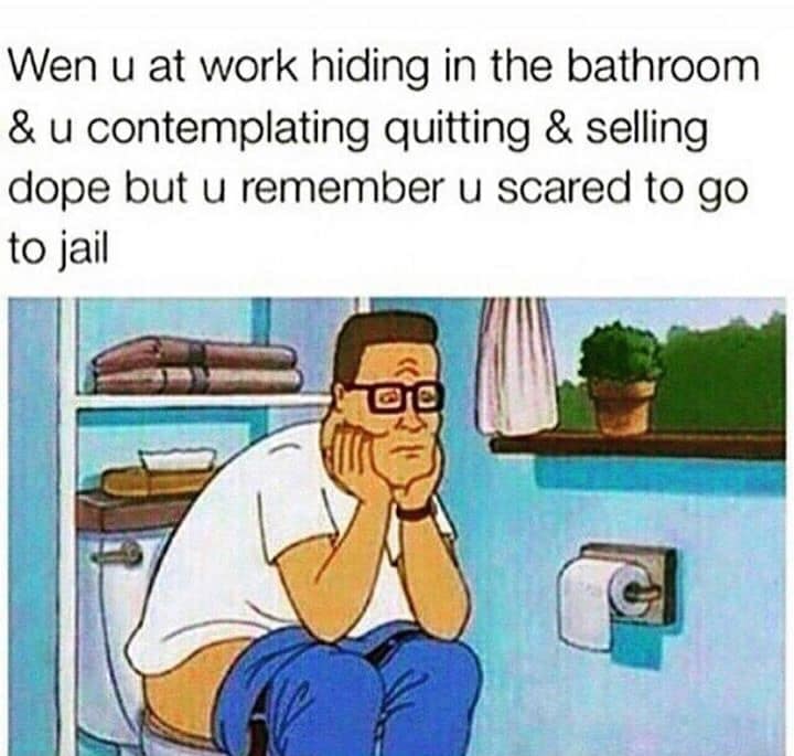 A classic meme of Hank Hill on the toilet, contemplating quitting his job but being "scared to go to jail."