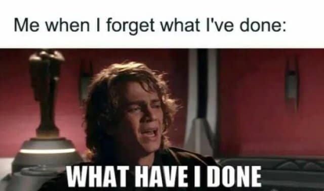 A classic meme of Anakin from Star Wars ("WHAT HAVE I DONE") with the caption "Me when I forget what I've done."