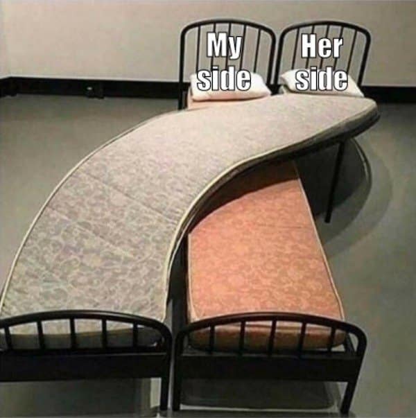 Classic meme showing a bed that forces couples to separate sides.