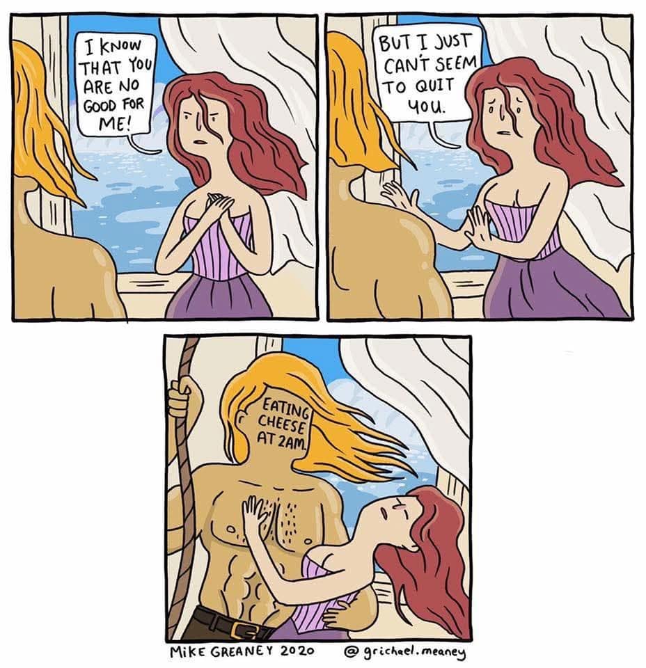 Classic meme comic about the irresistible allure of eating cheese at 2am.