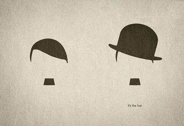 Minimalist graphic turning Hitler into Charlie Chaplin using a hat for a clever ad.