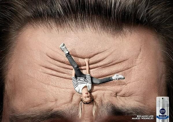 Forehead wrinkles turning into a skateboard ramp for a Nivea Men clever ad.