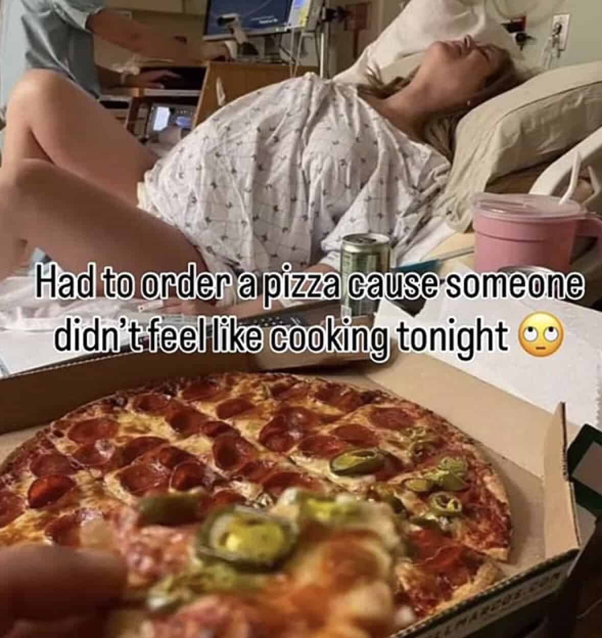 A crazy screenshot of a man joking about ordering pizza because his wife, who is in labor, "didn't feel like cooking."