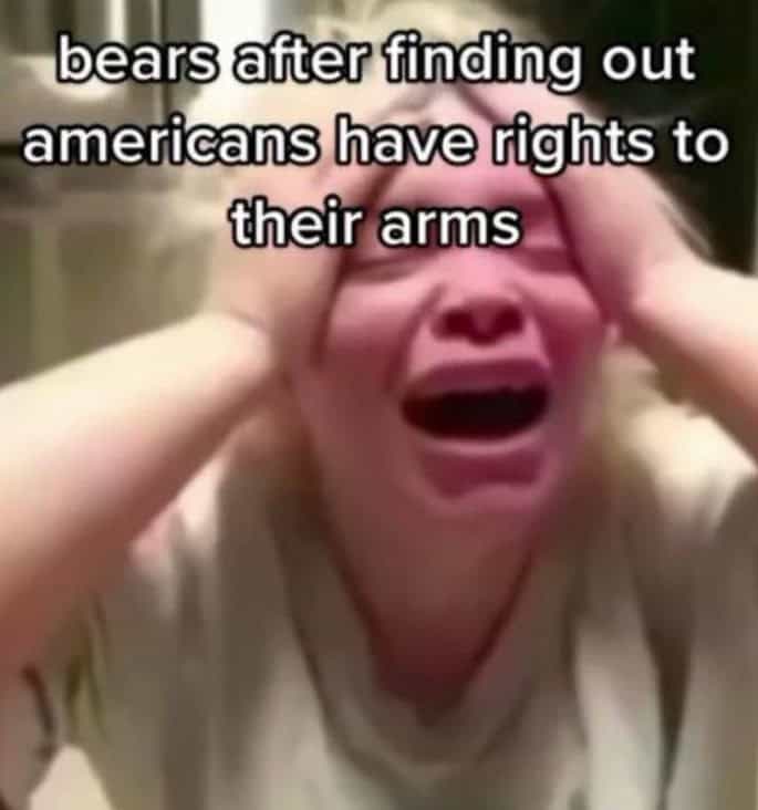 A funny screenshot of a crying person, captioned "bears after finding out americans have rights to their arms."