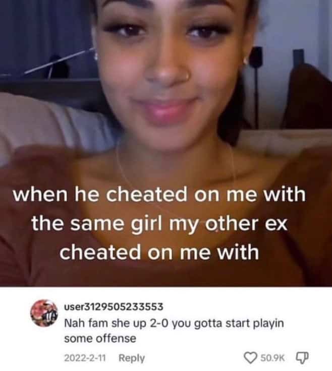 A crazy screenshot of a TikTok where a user's boyfriend and ex both cheated with the same person.