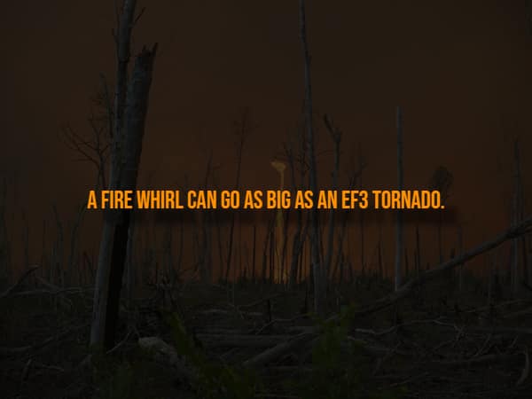 Dark landscape showing a fire whirl compared to an EF3 tornado size.