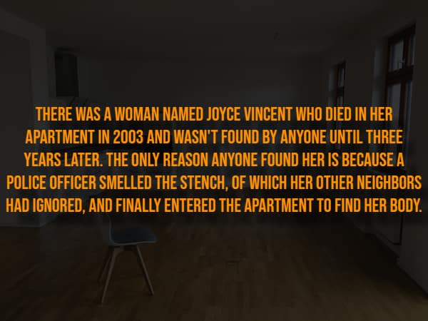 Dark empty apartment room telling the story of Joyce Vincent found after three years.