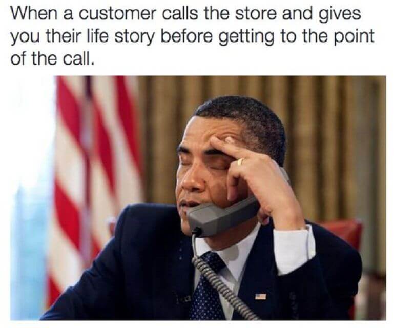 A funny customer service meme of Barack Obama on the phone, looking pained by a long story