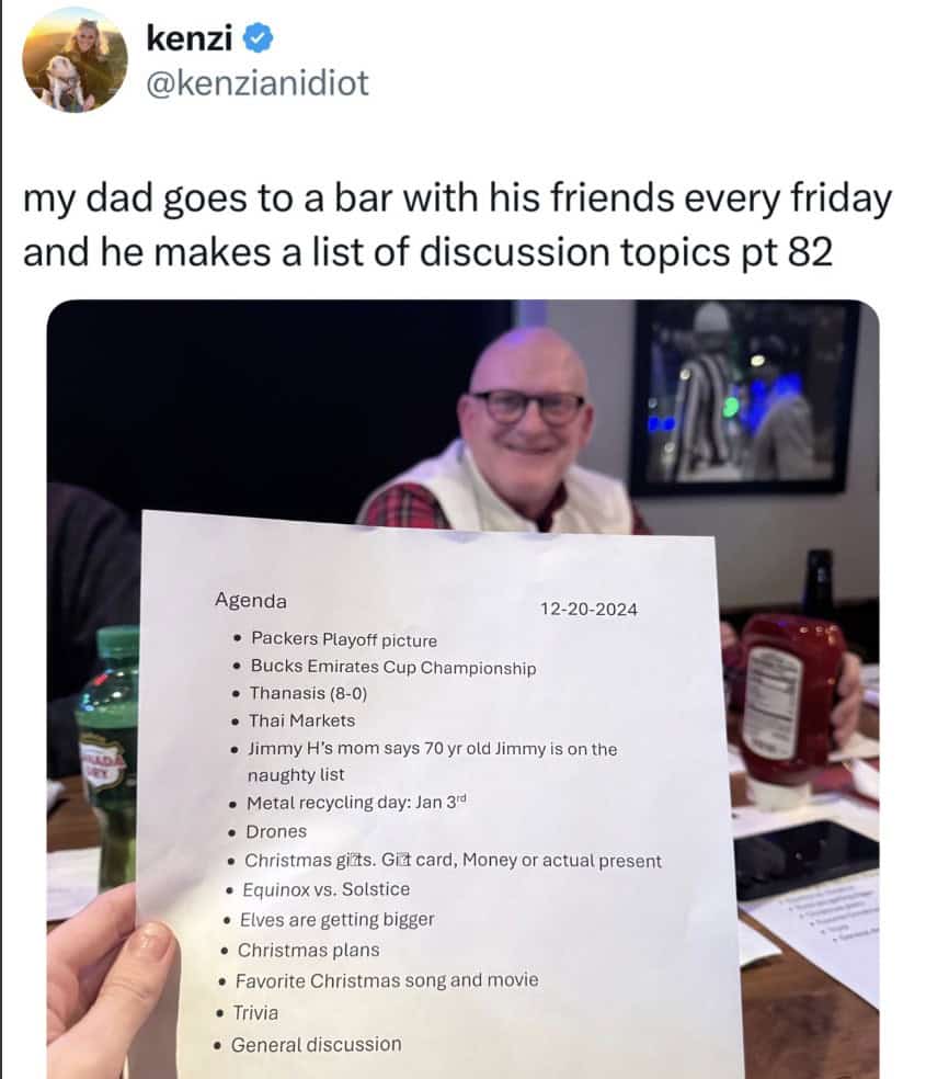 A hilarious dad meme of a dad who created a formal "Agenda" of "discussion topics" for a Friday night at the bar.