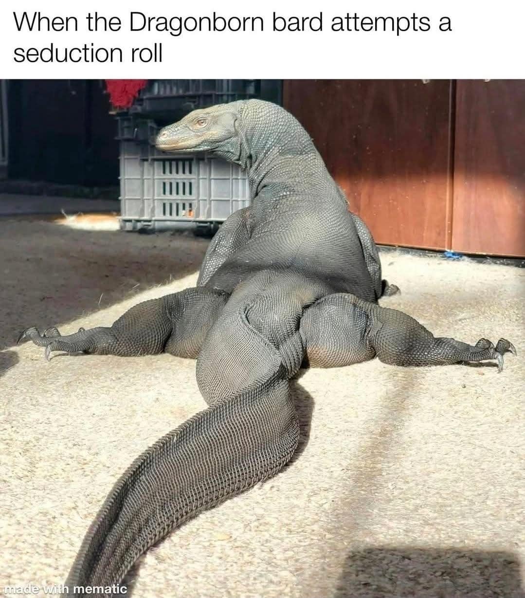 A cursed dnd meme of a lizard in a seductive pose, joking about a "Dragonborn bard attempting a seduction roll."