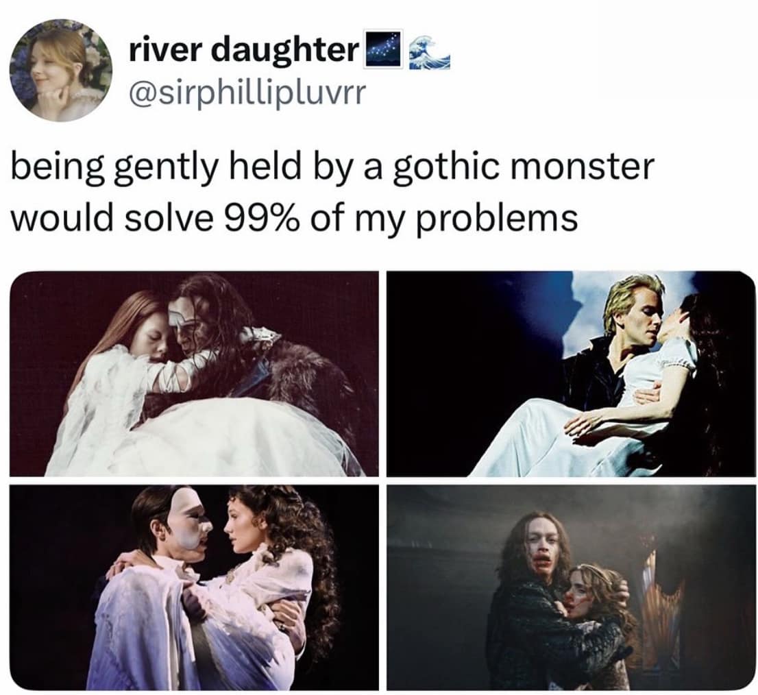 A depressing meme and viral tweet explaining that "being gently held by a gothic monster" would solve all problems.
