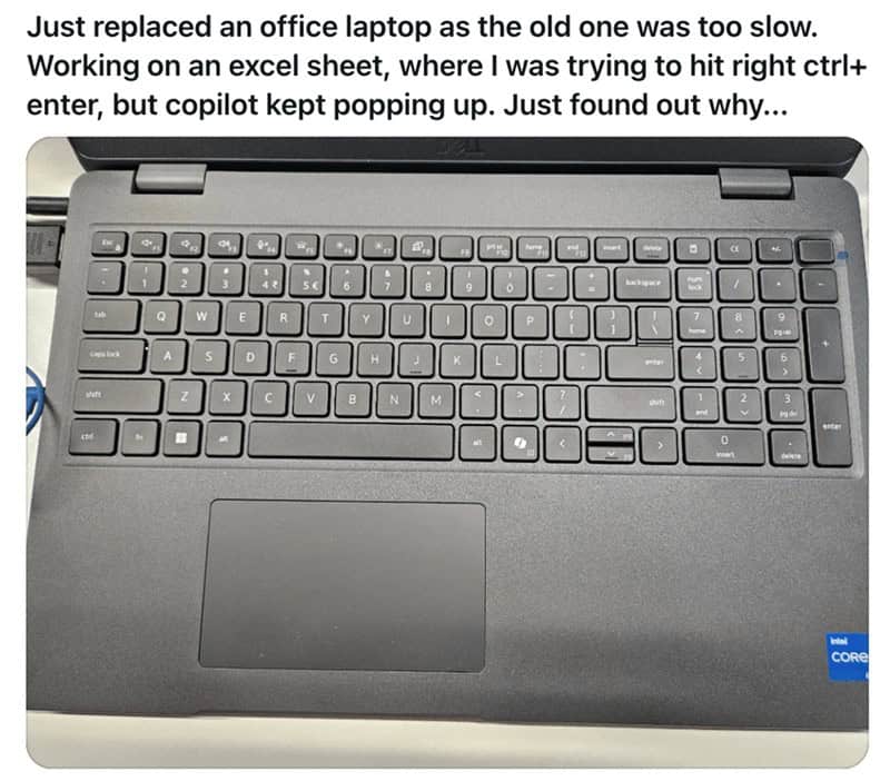 A funny design fail on a Dell laptop keyboard where the "Copilot" key has replaced the right "Control" key.