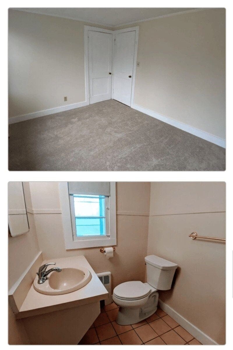 A two-panel funny design fail showing a useless corner closet in a bedroom and a cramped, unusable bathroom layout