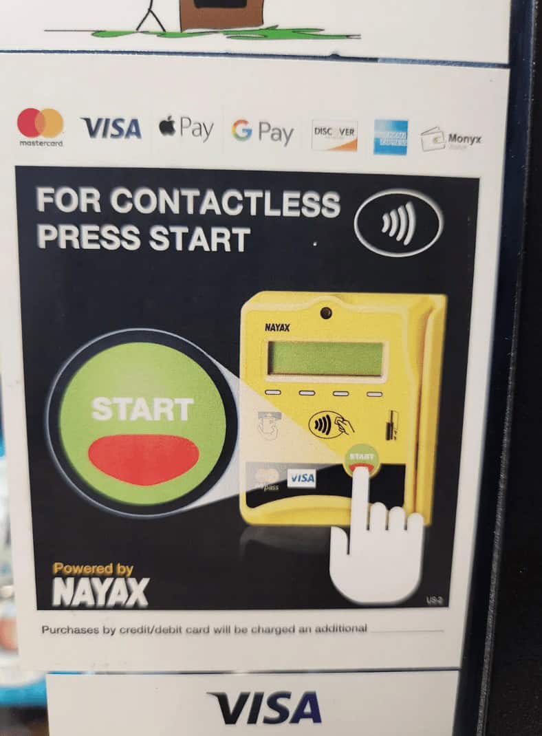 A funny design fail on a payment machine that says "For Contactless Press Start," a clear contradiction.