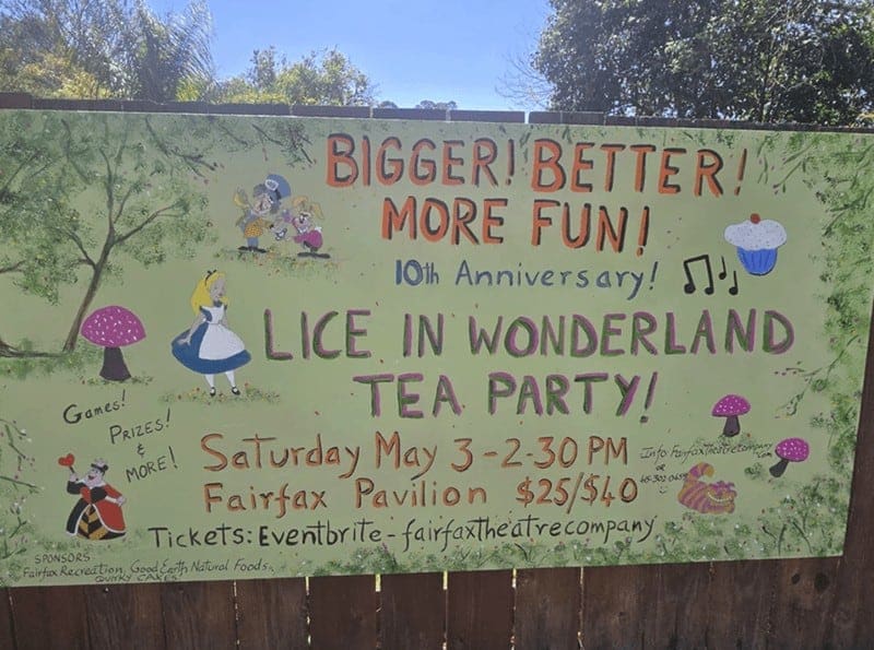 A funny design fail on a handwritten sign for an "Alice in Wonderland" tea party, where the "A" looks like "Lice."