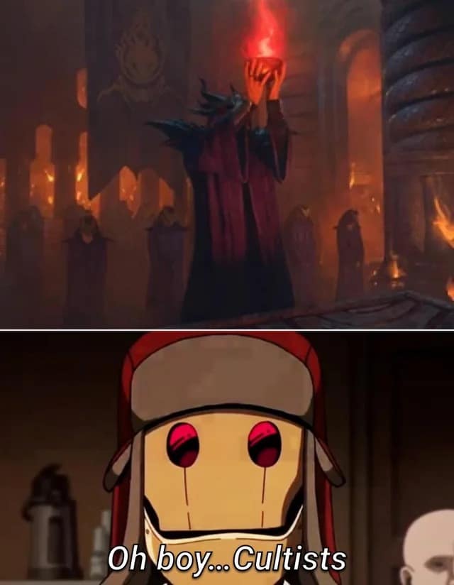 A hilarious dnd meme showing a character's "Oh boy... Cultists" reaction to a spooky ritual.