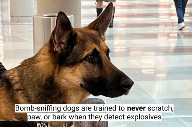 A smiling dog looking up, with a dog fact about how a slow blink relaxes them.