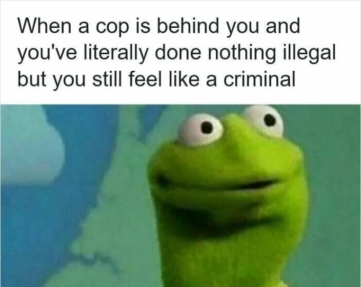A relatable driving meme using Kermit the Frog's nervous face to show feeling like a criminal when a cop is behind you.