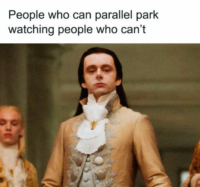 A funny driving meme using a Twilight vampire's judgmental stare to show people who can parallel park watching those who can't.