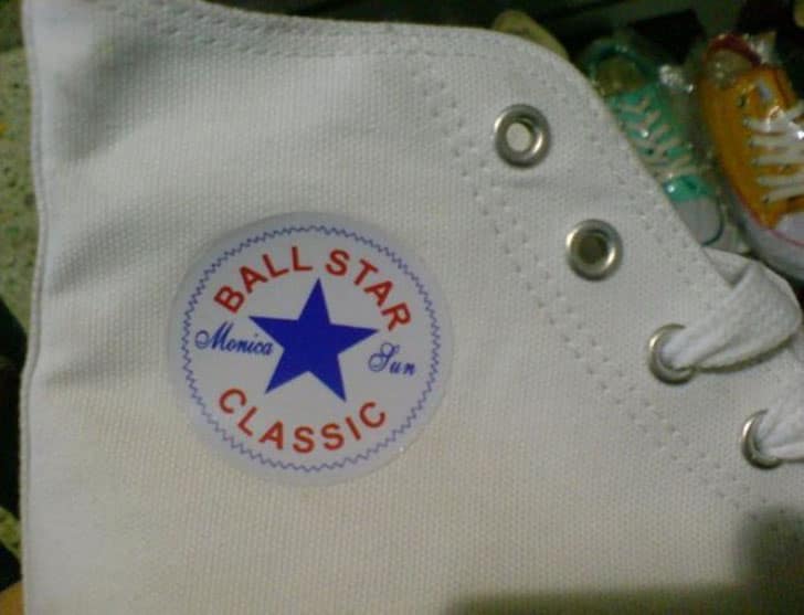 A funny knock off brand of Converse sneakers, with a "Ball Star Classic" logo.