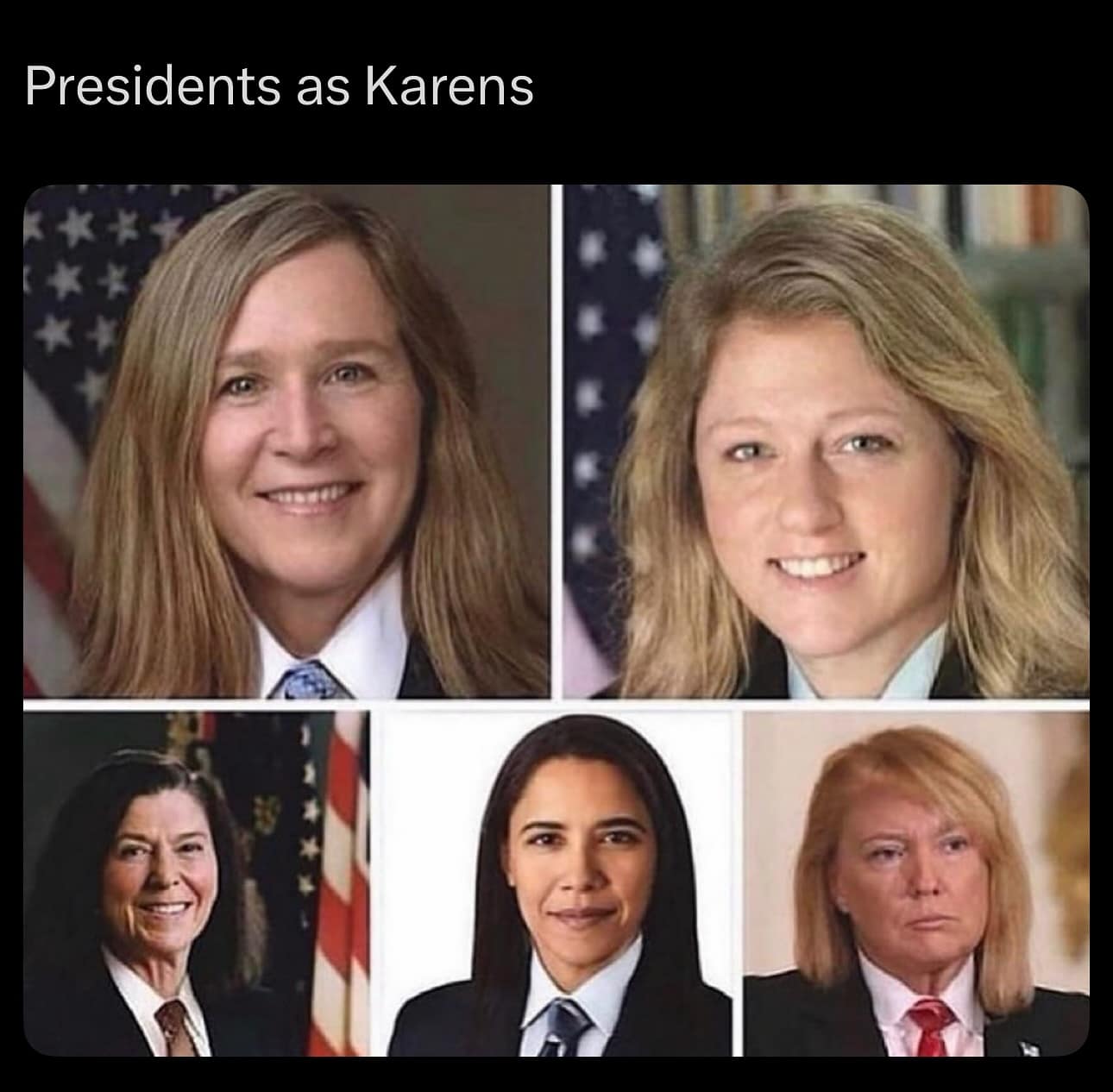 Funny AI-generated meme showing US presidents (Bush, Obama, Trump) transformed into "Karens."