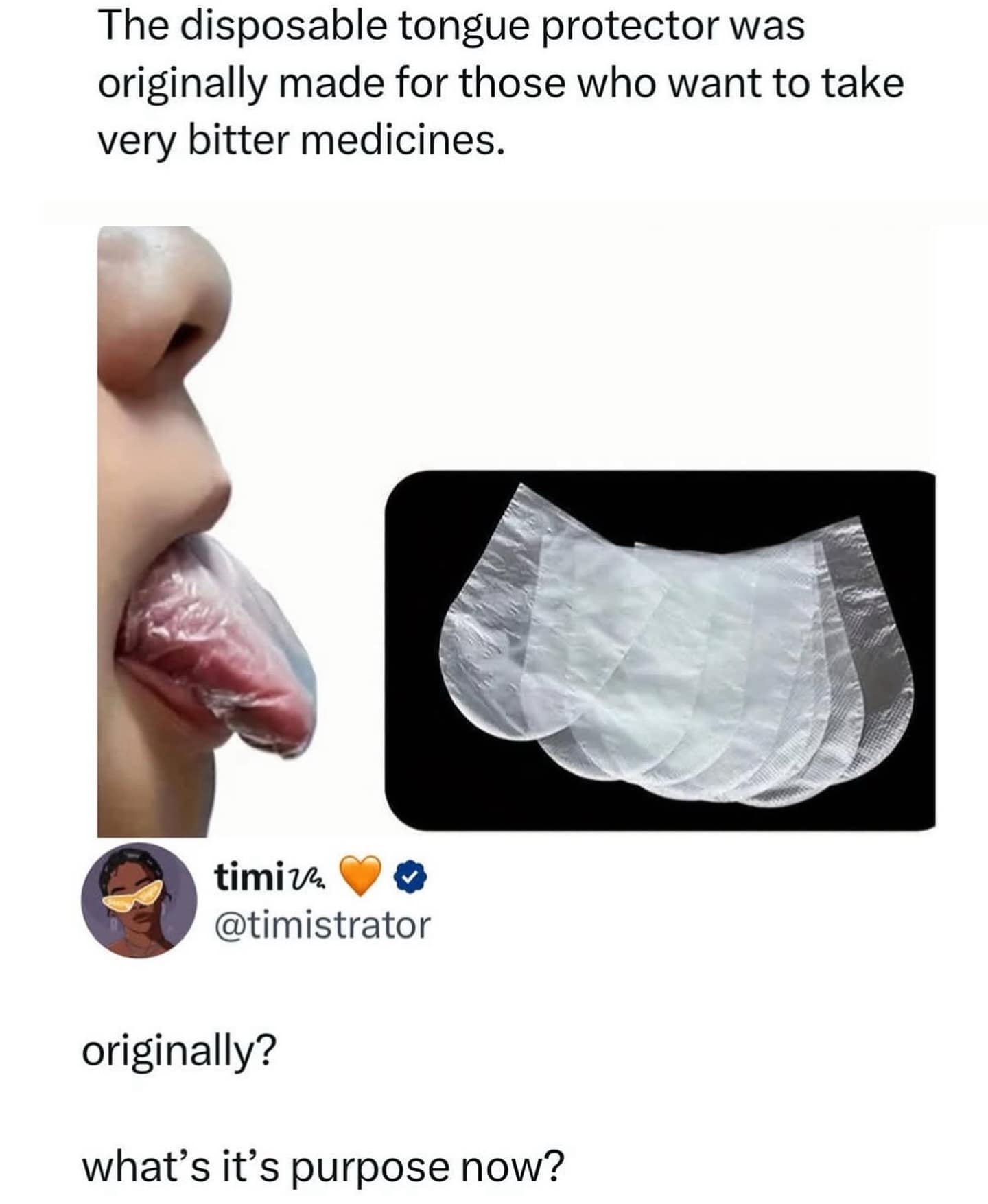 Funny, risqué meme about a "disposable tongue protector" and its "original" purpose vs. its current one.