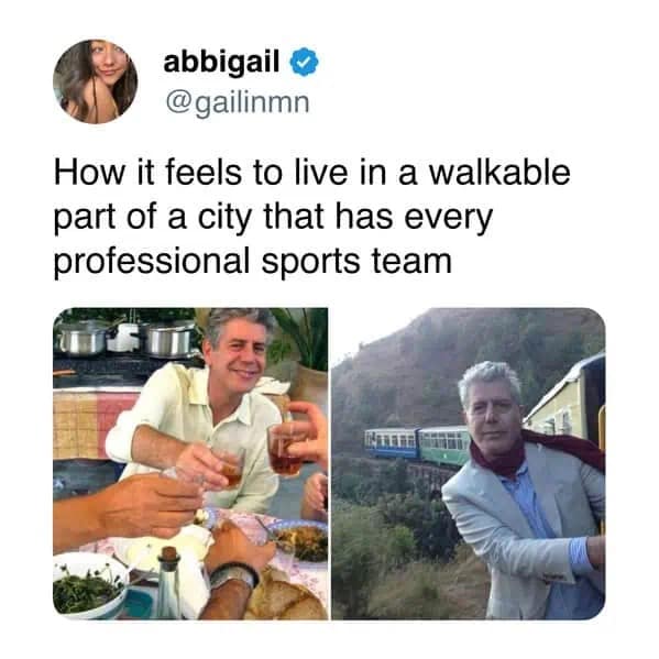Anthony Bourdain meme comparing expectation vs reality of walkable cities funny memes.