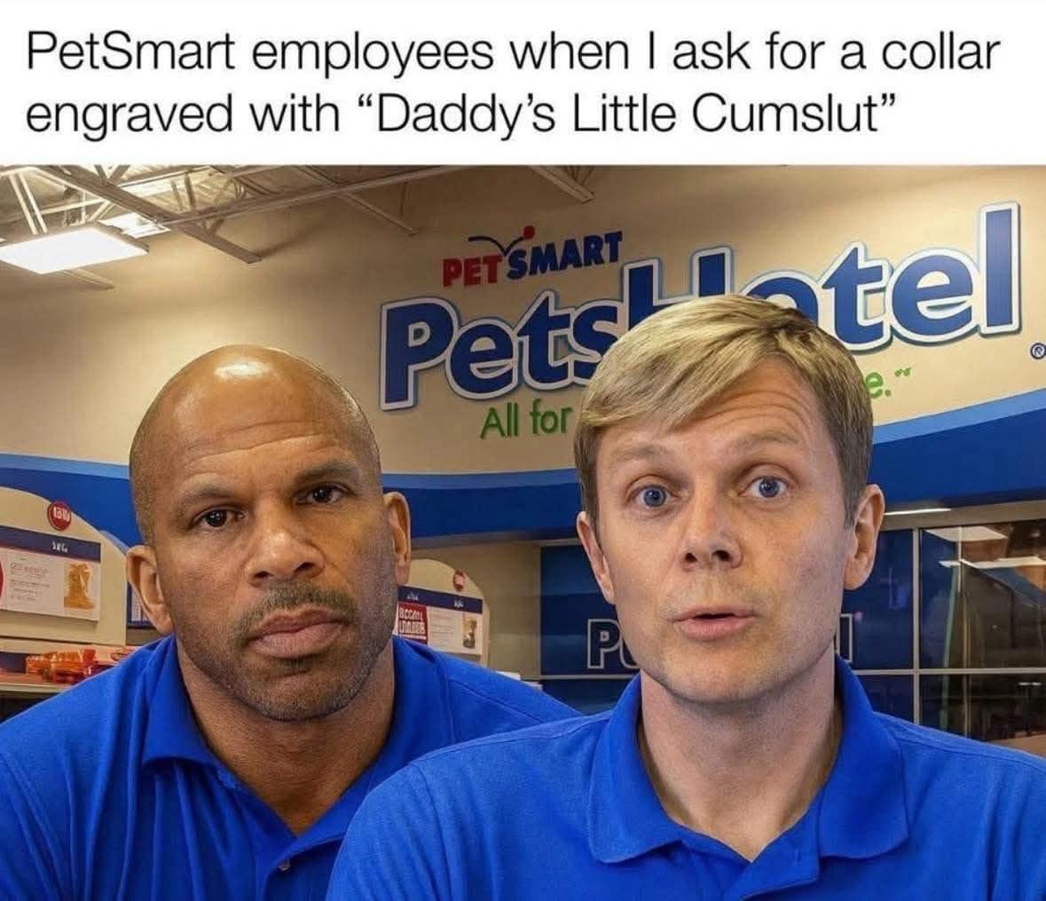 Funny, vulgar meme showing the shocked faces of PetSmart employees after a customer's risqué engraving request.