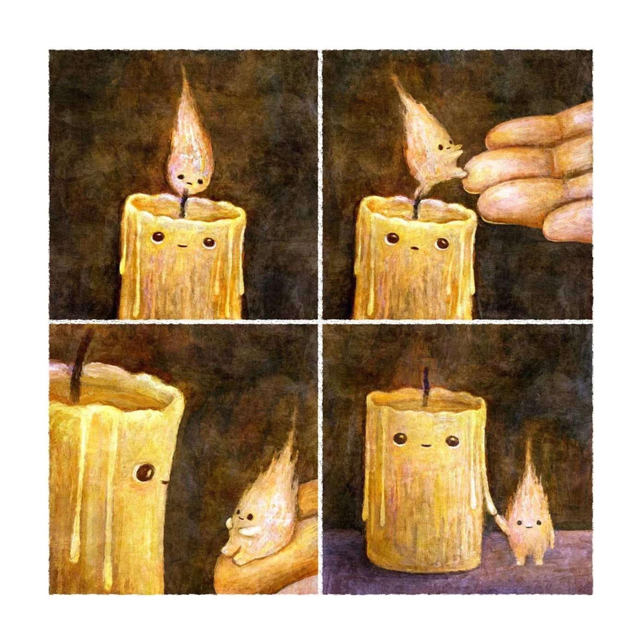 A wholesome, 4-panel comic of a candle whose flame is "plucked" off by a hand and becomes a little friend.