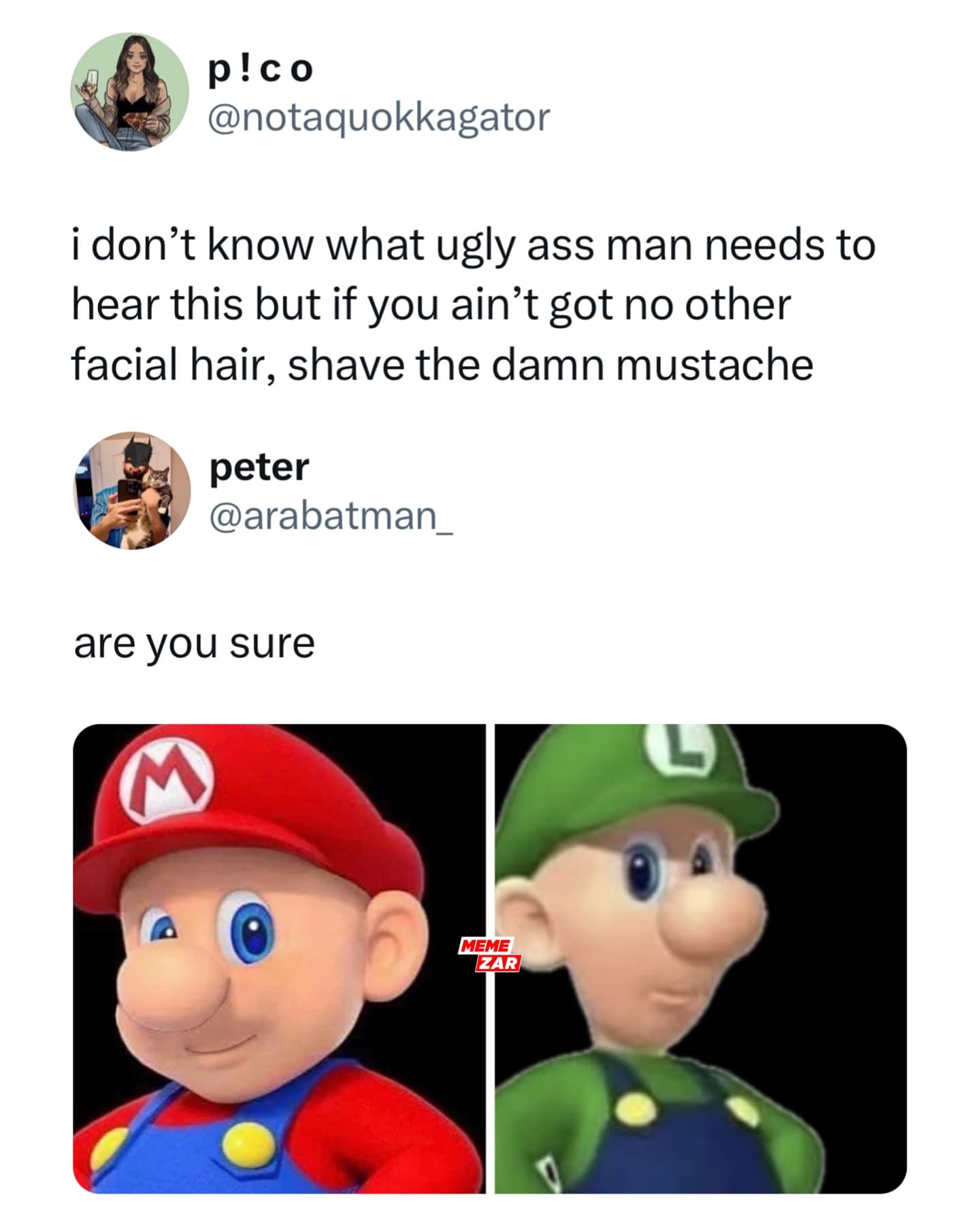 Funny meme showing beardless Mario and Luigi as a comeback to a tweet about shaving mustaches.