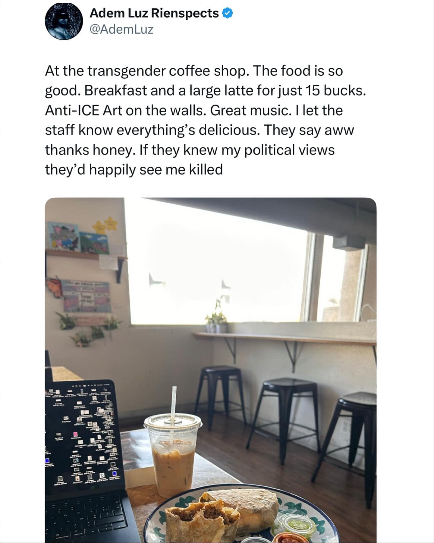A funny meme of a tweet about a "transgender coffee shop" with a surprise political twist at the end.