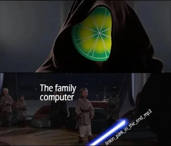 Emperor Palpatine with Limewire face killing younglings labeled family computer funny memes.