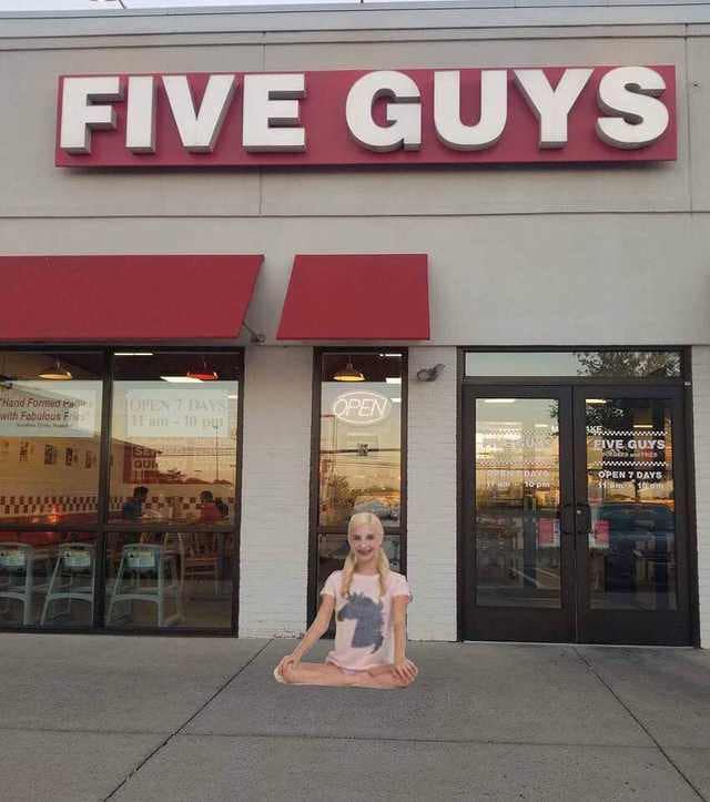 A classic funny meme photoshopping the "Piper Perri surrounded" meme girl in front of a Five Guys restaurant.
